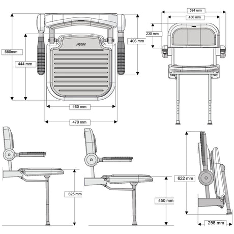 Technical drawing of a chair with dimensions labeled