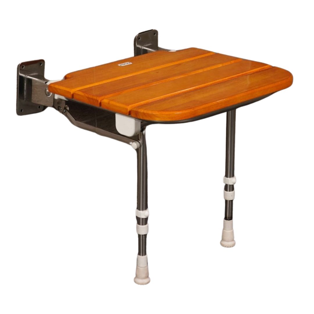 AKW Fold Up Wooden Slatted Shower Seat With Support Legs