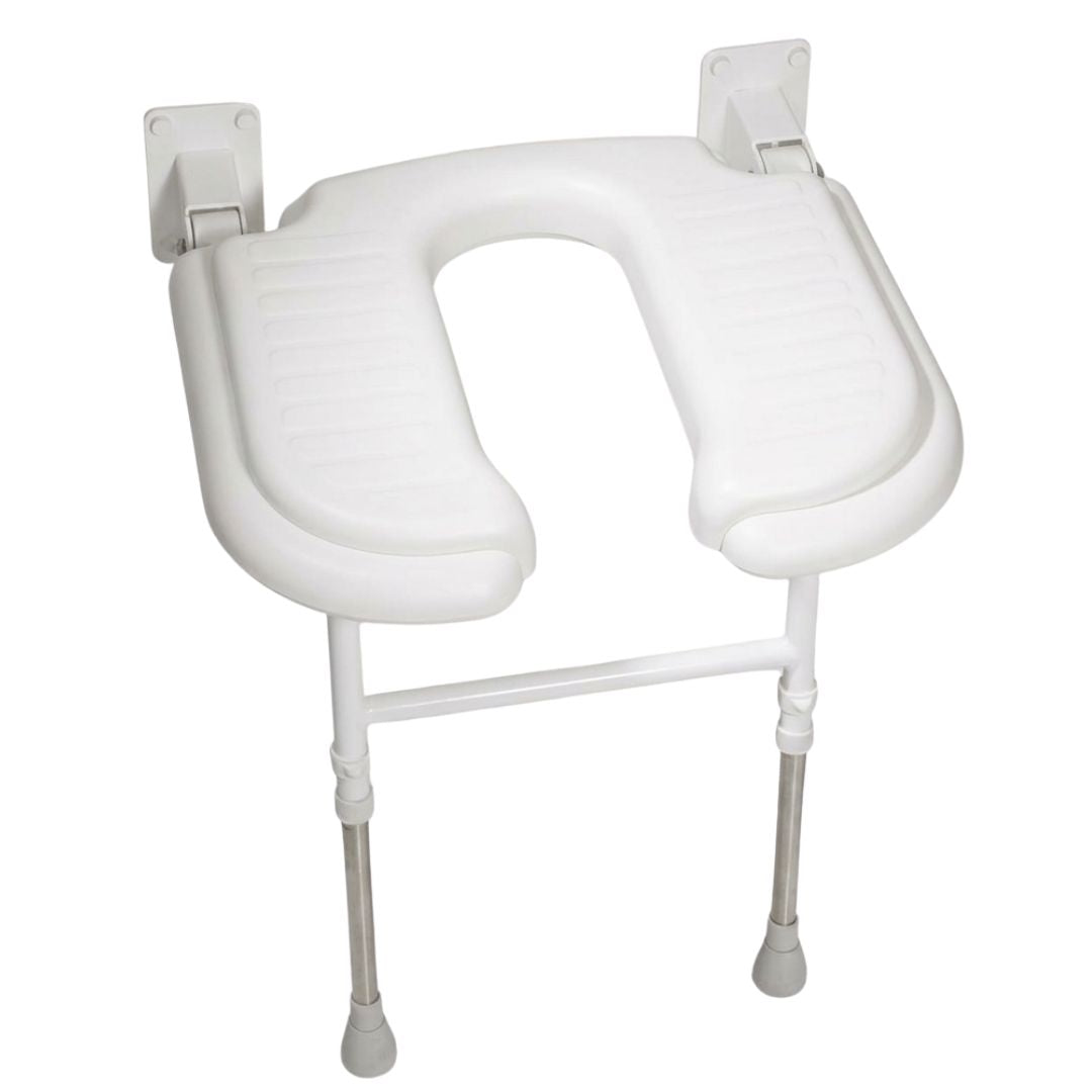 White U-shaped shower seat with adjustable metal legs, shown on a plain white background.
