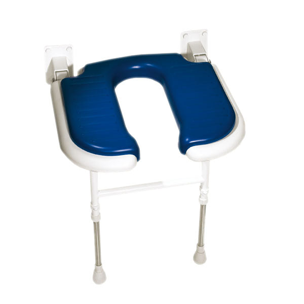 Blue and white shower seat with adjustable legs on a white background