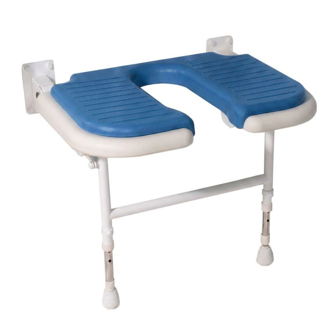 A blue and white adjustable toilet seat lift with a wall-mount bracket, shown on a plain white background.