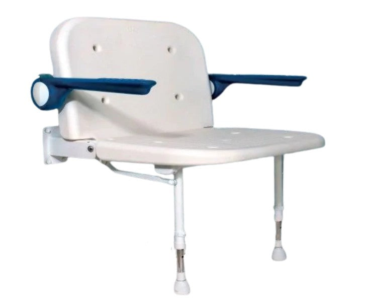 White and blue shower seat with adjustable armrests on a white background