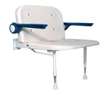 White and blue shower seat with adjustable armrests on a white background