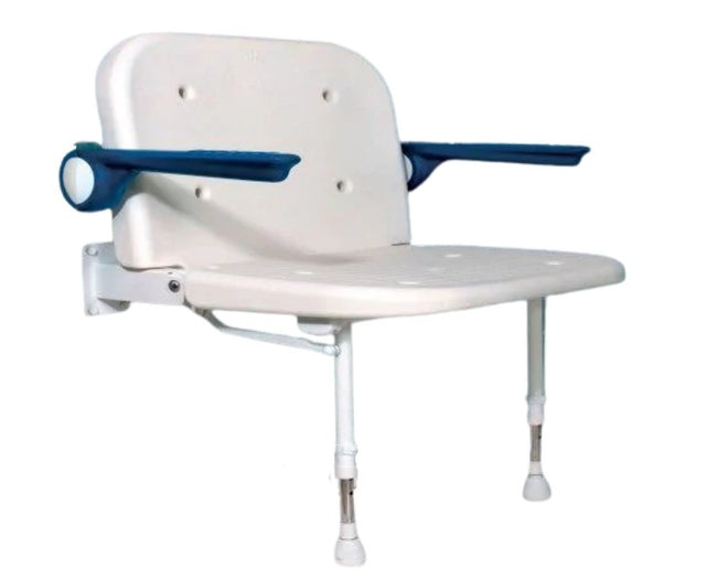White and blue shower seat with adjustable armrests on a white background