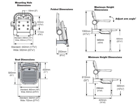 Technical diagram of a adjustable chair with dimensions labeled