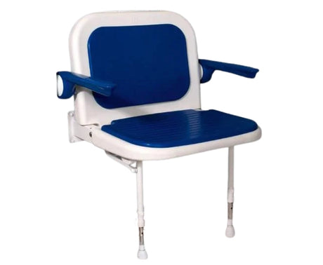 Blue padded shower seat with white background