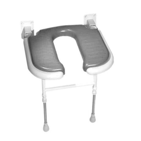 Gray and white toilet seat with adjustable legs on a white background