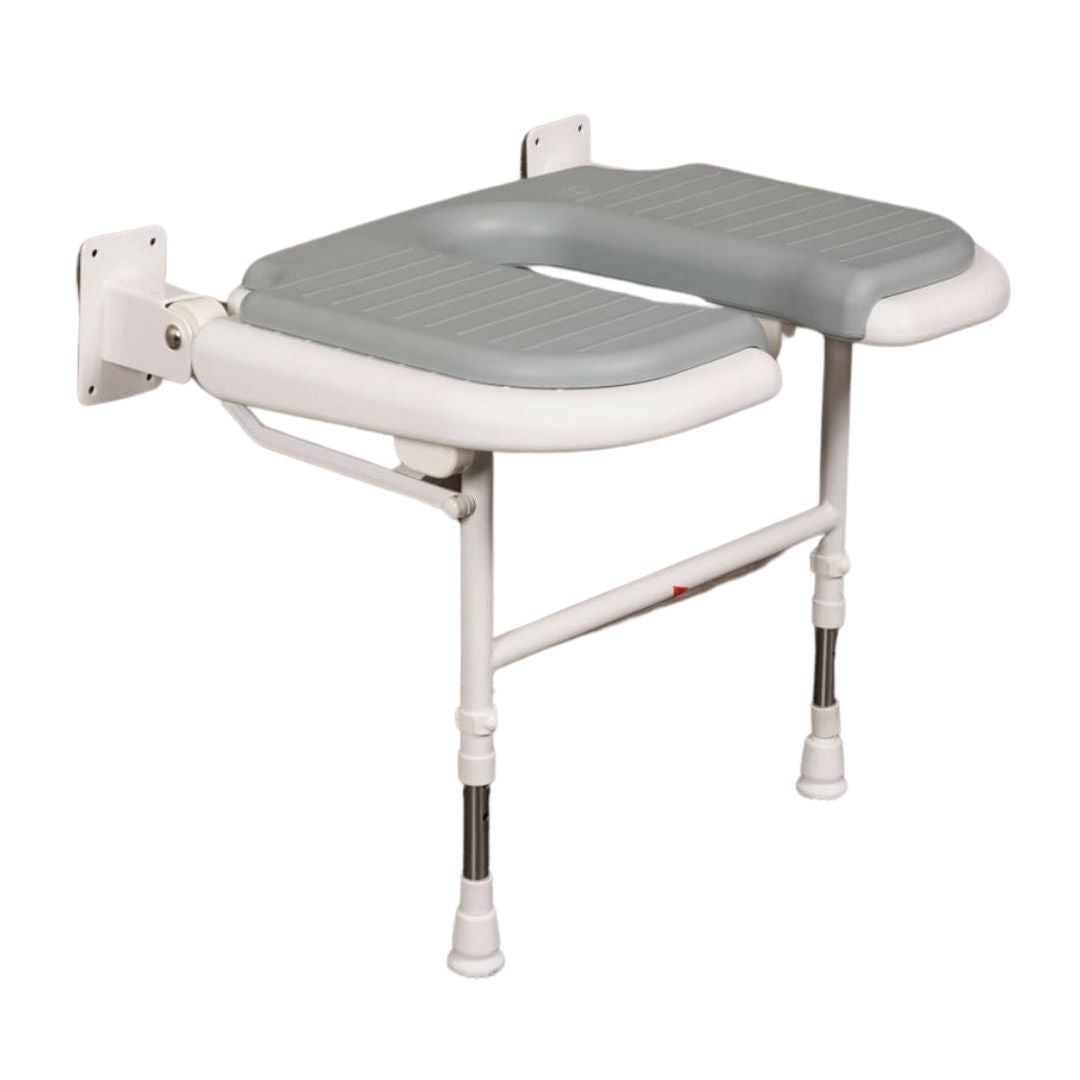 A wall-mounted adjustable shower bench with a gray molded seat and white frame, shown on a plain white background.