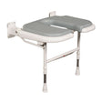 A wall-mounted adjustable shower bench with a gray molded seat and white frame, shown on a plain white background.