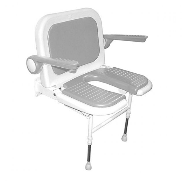 White and gray adjustable shower chair on a white background