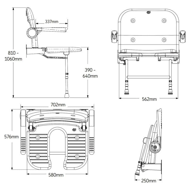 Technical drawing of a chair with dimensions labeled