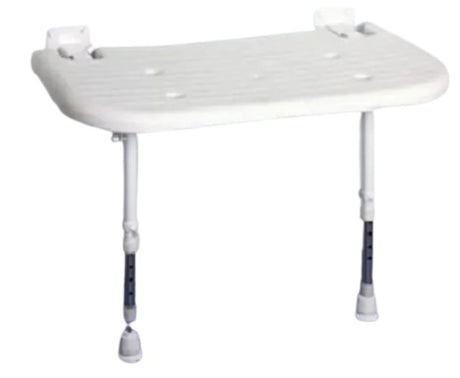 White adjustable shower seat with legs on a white background
