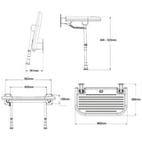 Technical drawing of a shower head and bracket with dimensions on a white background