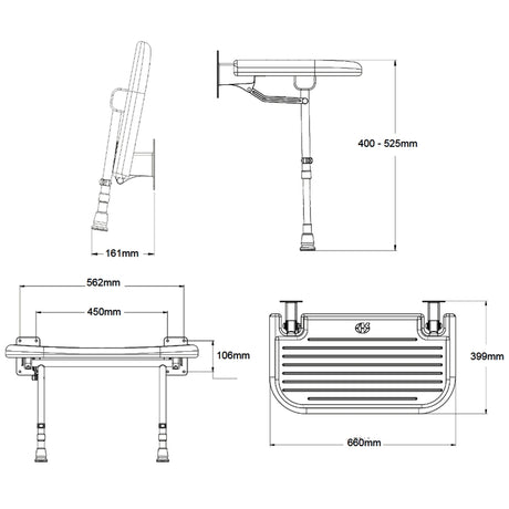 Technical drawing of a shower head and bracket with dimensions on a white background