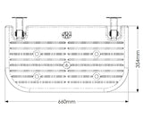 Technical drawing of a rectangular metal component with dimensions