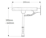 Technical drawing of a shower arm with dimensions labeled