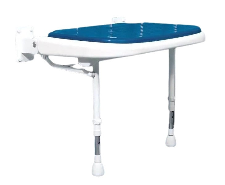 Corner table with blue top and white base on a white background