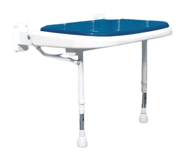 Corner table with blue top and white base on a white background