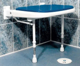 Blue and white adjustable shower seat mounted on a tiled bathroom wall.