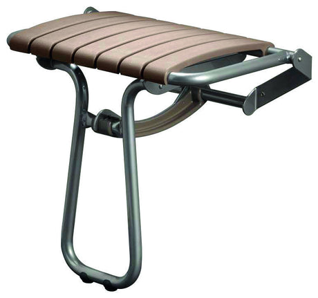 Foldable stool with brown seat and metal frame on a white background