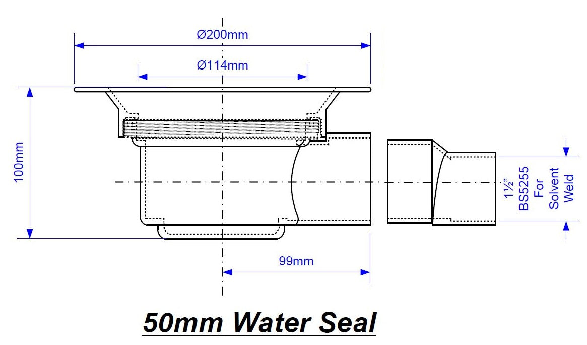 Technical drawing of a 50mm water seal with dimensions labeled