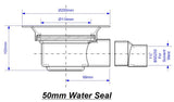 Technical drawing of a 50mm water seal with dimensions labeled