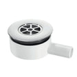 A white plastic bathroom drain assembly with a circular grate filter and a short outlet pipe, shown on a plain white background.