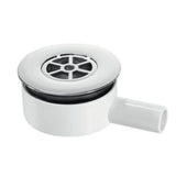 A white plastic bathroom drain assembly with a circular grate filter and a short outlet pipe, shown on a plain white background.
