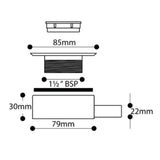 Technical dimension diagram of a drain with labeled measurements including 85mm, 79mm, 30mm, 22mm, 1.5 BSP, and 12mm on a white background.