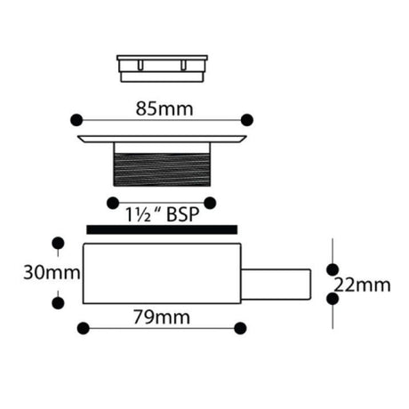 Technical dimension diagram of a drain with labeled measurements including 85mm, 79mm, 30mm, 22mm, 1.5 BSP, and 12mm on a white background.