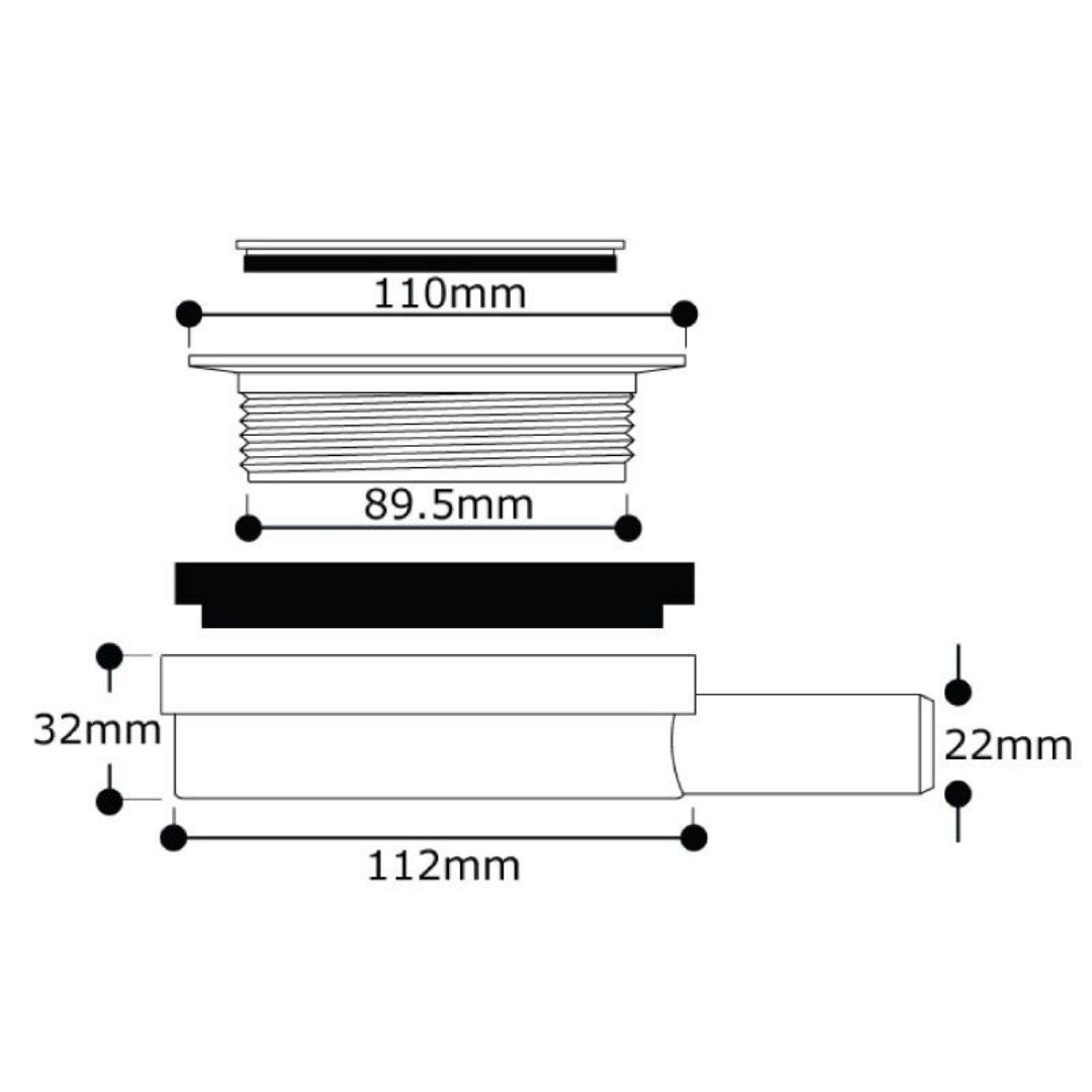 Technical dimension diagram of a plumbing waste with exploded view measurements labeled 110mm, 89.5mm, 32mm, 112mm, and 22mm on a white background.