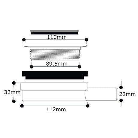 Technical dimension diagram of a plumbing waste with exploded view measurements labeled 110mm, 89.5mm, 32mm, 112mm, and 22mm on a white background.