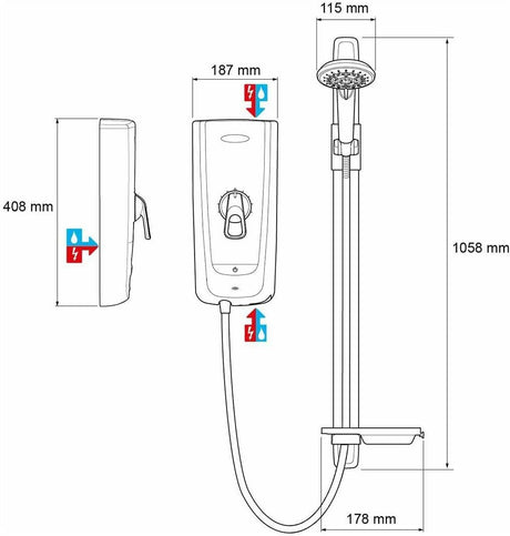 Technical drawing of a shower system with dimensions labeled