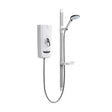 A wall-mounted shower system with a white control box, vertical bar, handheld shower head, hose, and small shelf, shown on a plain white background.