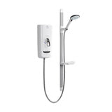 A wall-mounted shower system with a white control box, vertical bar, handheld shower head, hose, and small shelf, shown on a plain white background.