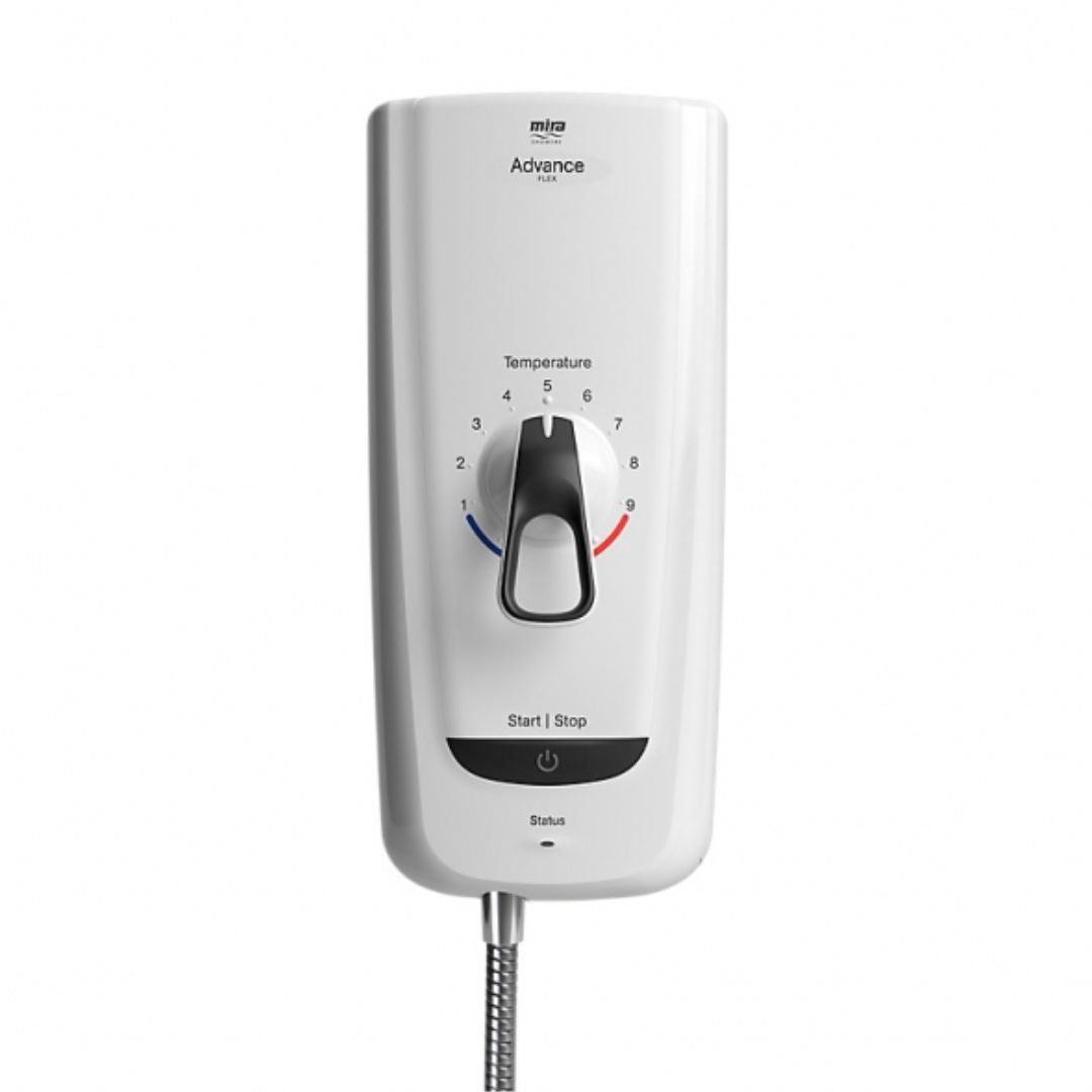 close up of the mira advance flex shower appliance, showing temperature dial, stop start button and shower lead.