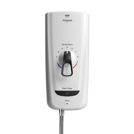 close up of the mira advance flex shower appliance, showing temperature dial, stop start button and shower lead.