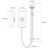 Black and white line drawing showing dimensions of a wall-mounted shower system, including shower head, hose, handheld shower, and wall unit with labeled measurements.
