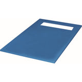 A blue rectangular shower deck with a long horizontal slot cutout on the top edge, shown on a plain white background
