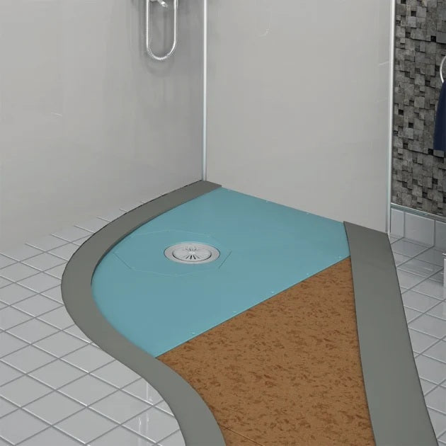 Shower base with blue and brown sections in a tiled bathroom