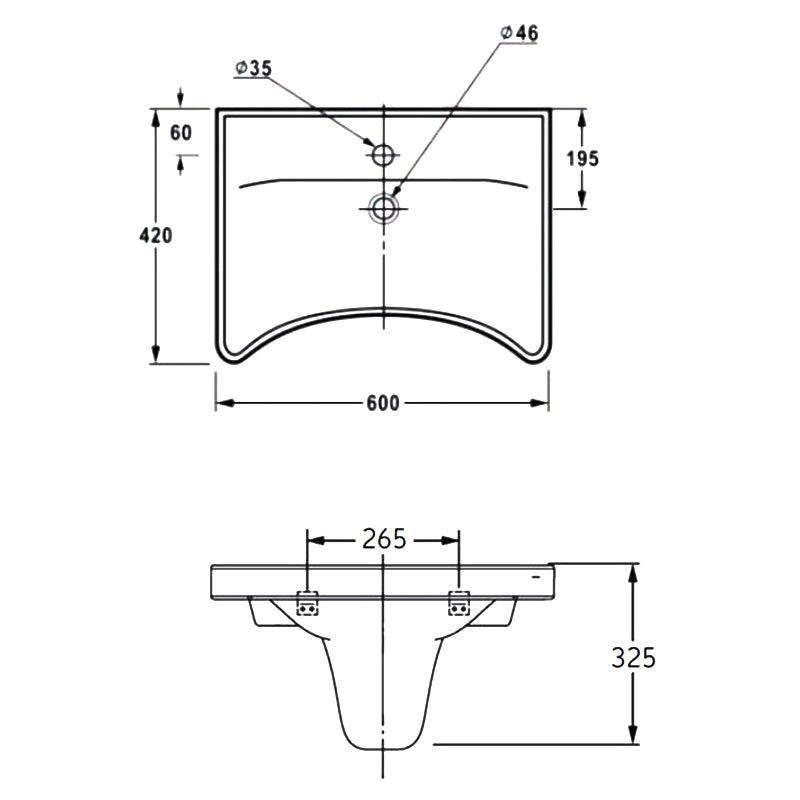 Technical dimension drawing of a wash basin with front and side views, showing measurements such as 600, 420, 195, 325, 265, 60, 35, and 46 with circular fastener labels.