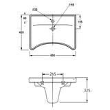 Technical dimension drawing of a wash basin with front and side views, showing measurements such as 600, 420, 195, 325, 265, 60, 35, and 46 with circular fastener labels.