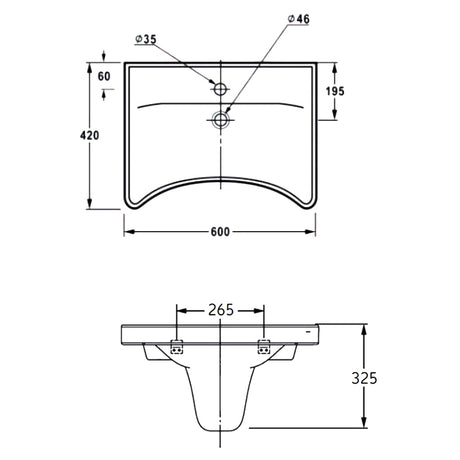 Technical dimension drawing of a wash basin with front and side views, showing measurements such as 600, 420, 195, 325, 265, 60, 35, and 46 with circular fastener labels.