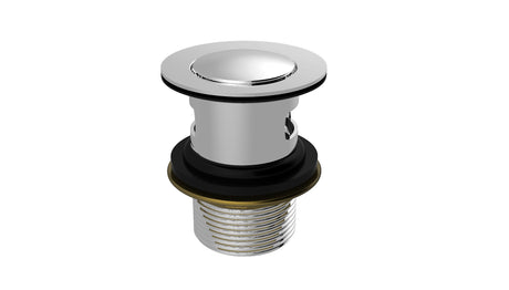 A polished chrome bathroom drain stopper with a black rubber gasket and a brass threading collar, shown on a solid white background.