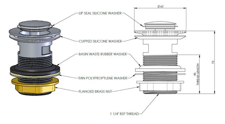 Technical dimension diagram of a drain stopper assembly with labeled parts including lip seal silicone washer, clamped silicone washer, basin waste rubber washer, thin polypropylene washer, and flanged brass nut, shown on a white background.