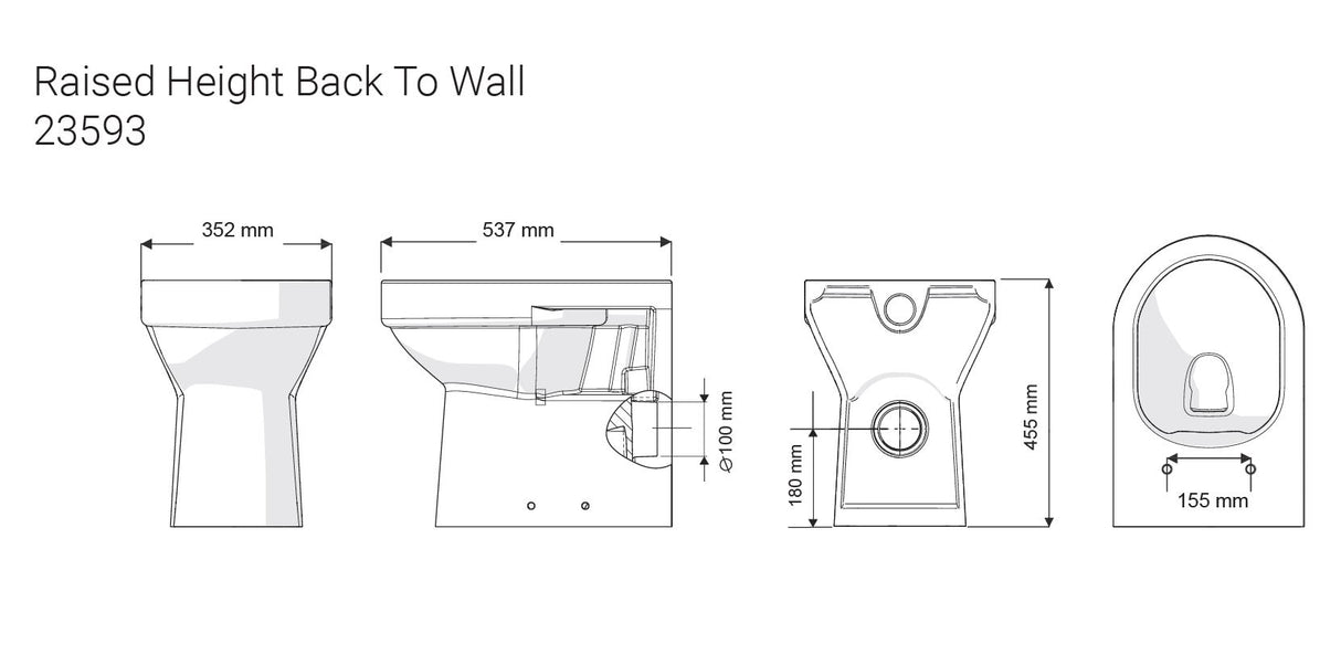 Technical drawing of a raised height back-to-wall toilet with dimensions