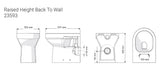 Technical drawing of a raised height back-to-wall toilet with dimensions