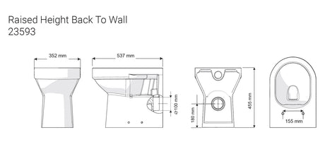 Technical drawing of a raised height back-to-wall toilet with dimensions