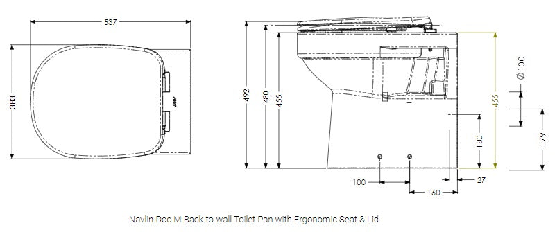 Technical drawing of a back-to-wall toilet pan with dimensions