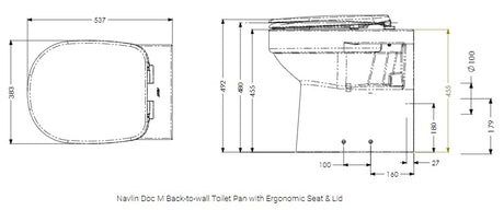 Technical drawing of a back-to-wall toilet pan with dimensions